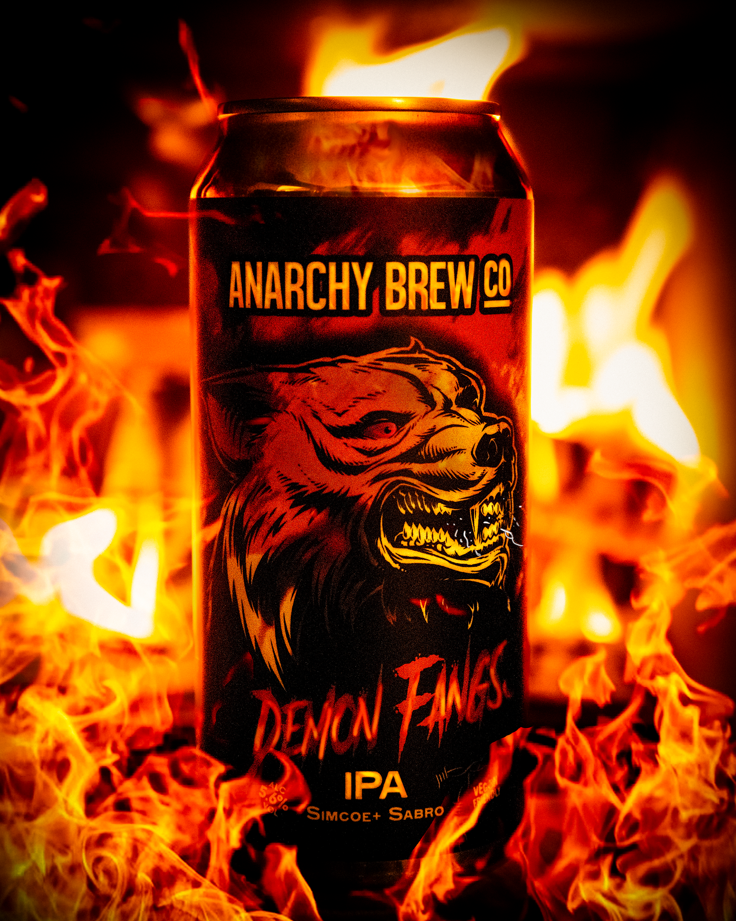 a can of anarchy brewery demon fangs ipa in flames