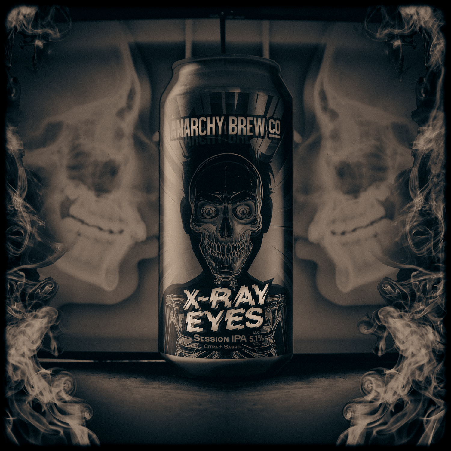 A picture of Anarchy Xray Beer on a pink background with x-ray scans of a human head. The image is bordered with a blue smoke flame