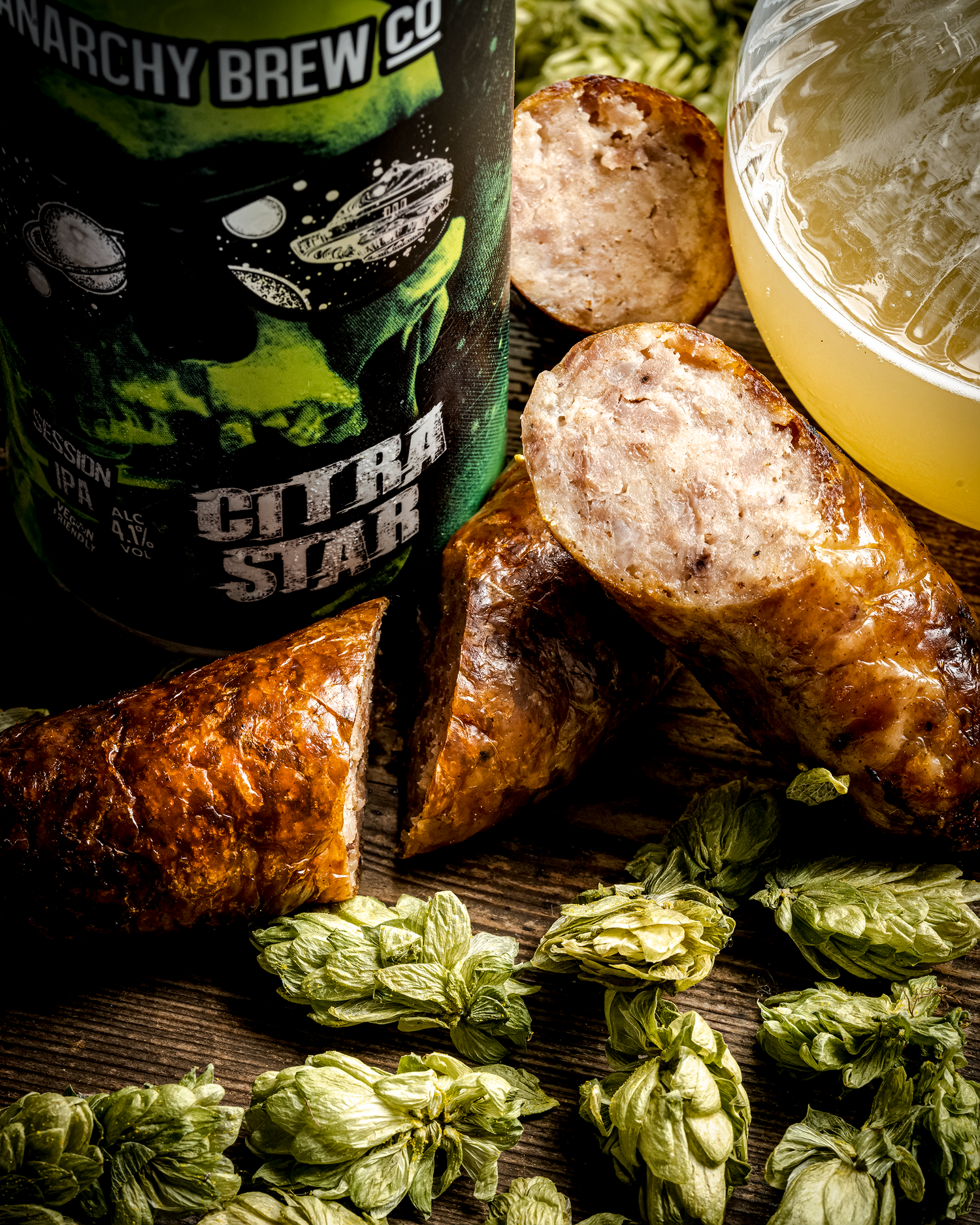 Citra Star Sausage with hops and a glass of beer